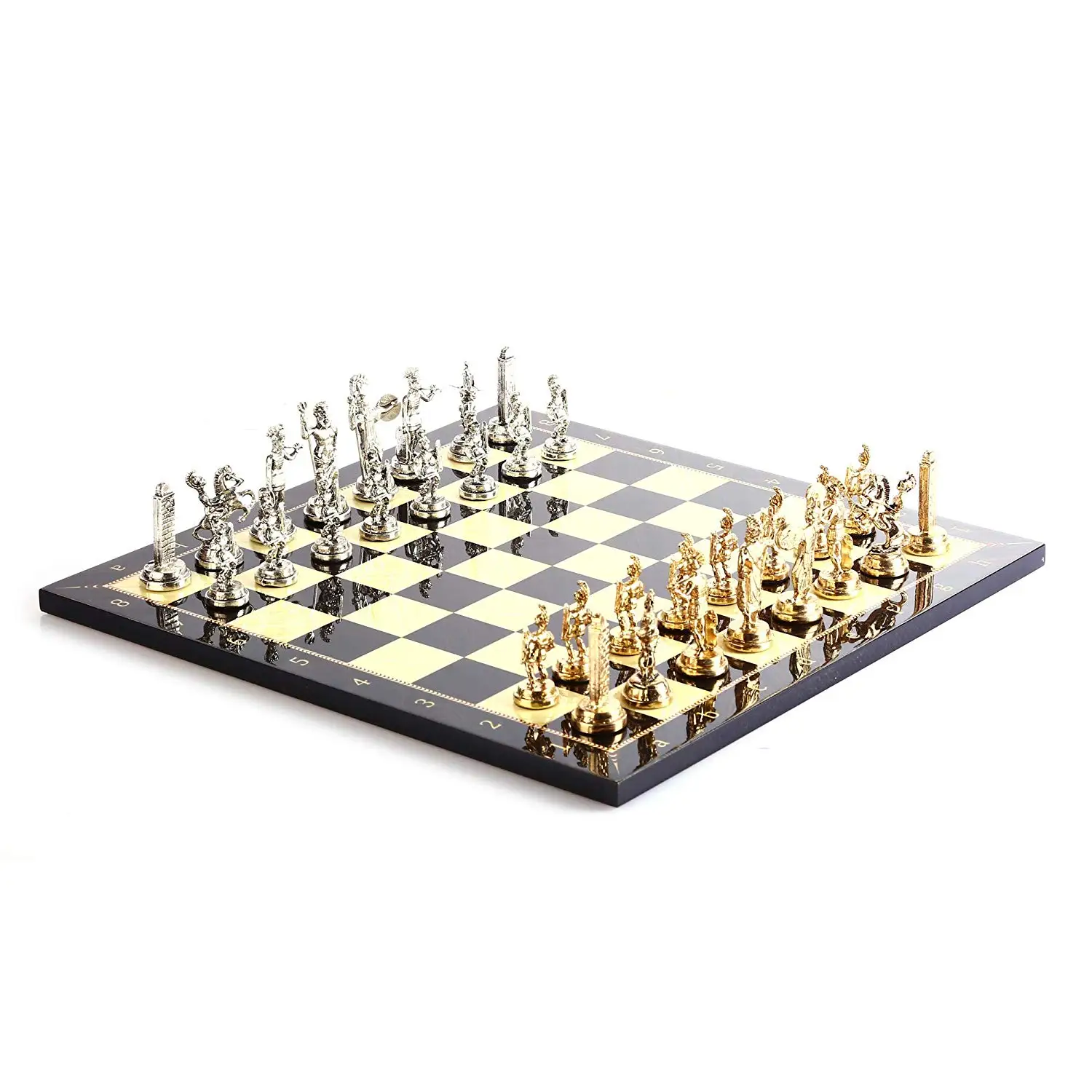 Historical Rome Figures Metal Chess Set for Adult,Handmade Pieces and Walnut Patterned Wood Chess Board Kıng 7 cm