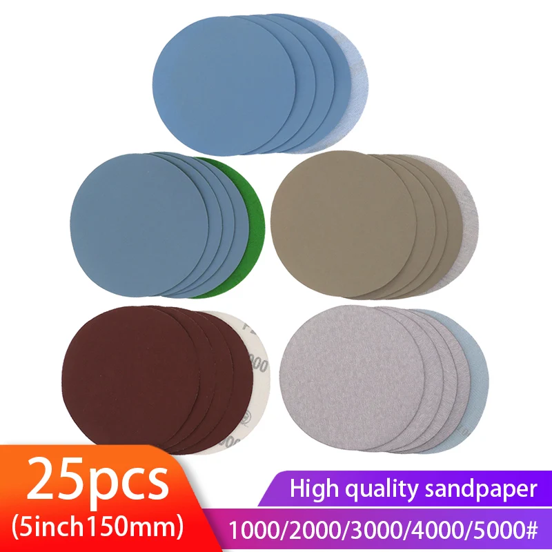 25PCS 5 Inch Dry & Wet Sandpaper Round Sanding Discs Grit 1000/2000/3000/4000/5000 Hook Loop Polishing Sand Sheets