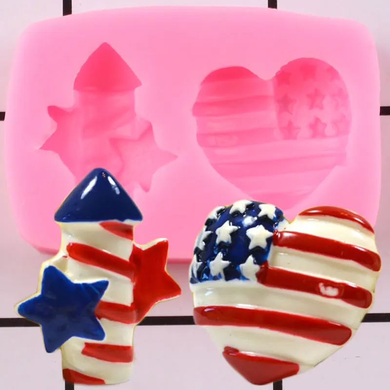 Heart Shape American Flag Silicone Molds Rocket Cupcake Topper Fondant Mold Cake Decorating Tools Candy Chocolate Gumpaste Mould