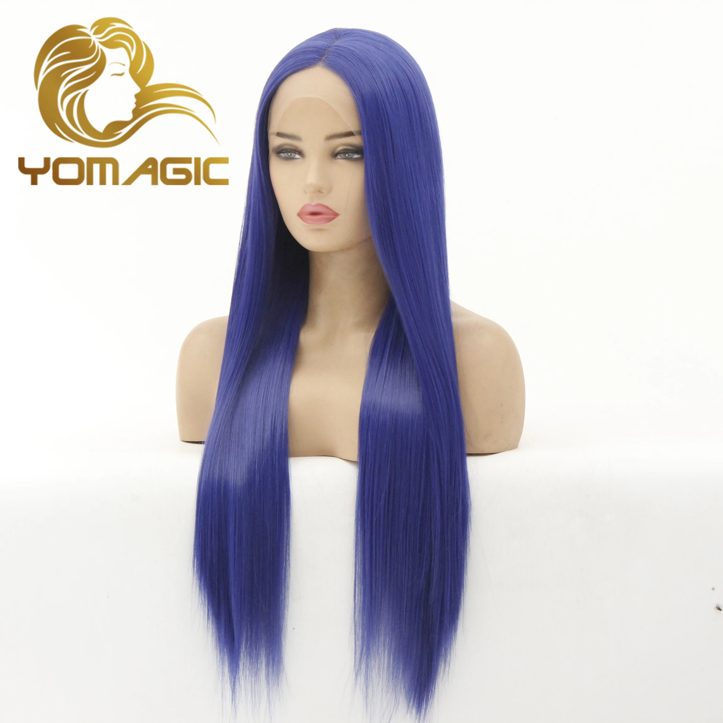 Yomagic Wig Renda Depan 13X3 Sintetis Biru dengan Rambut Bayi Lurus Tahan Panas 99J Wig Renda untuk Wanita Sebelum Dipetik