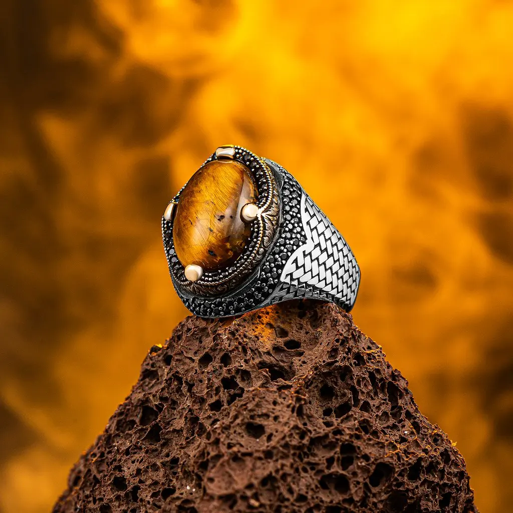 

925 Sterling Silver Tiger Eye Stone Side and Surround Mini Zircon Decorated Stylish Tumbled Design Men's Ring