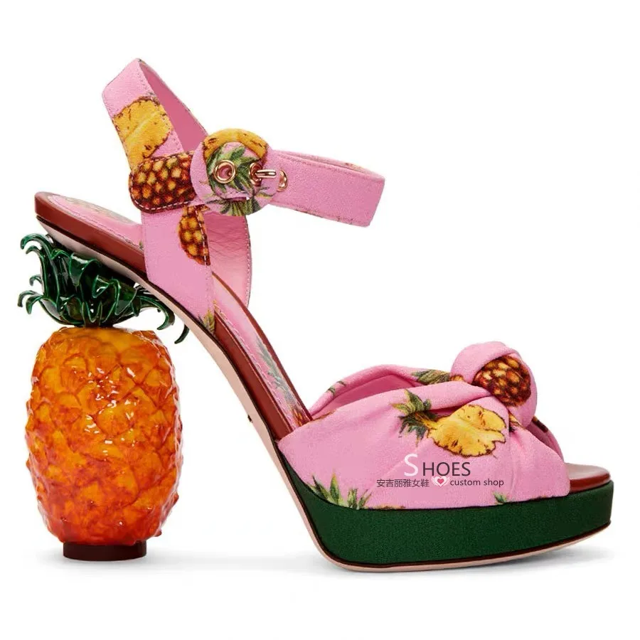 Ladies Pineapple Heel Sandals Shaped Heel Bohemian Style Pink Bow Pineapple Peep Toe High Heel Sandals Buckle Strap Large Size