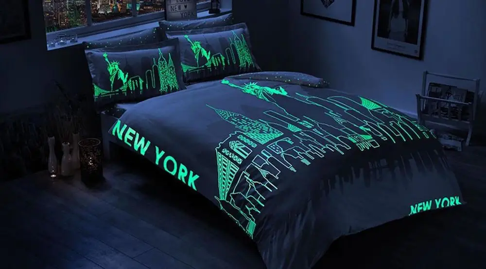 6 Adet %100 Pamuk Saten Gece Parlayan Nevresim Takımı Çift Kişilik Glow Fosforlu New York 200x220 cm