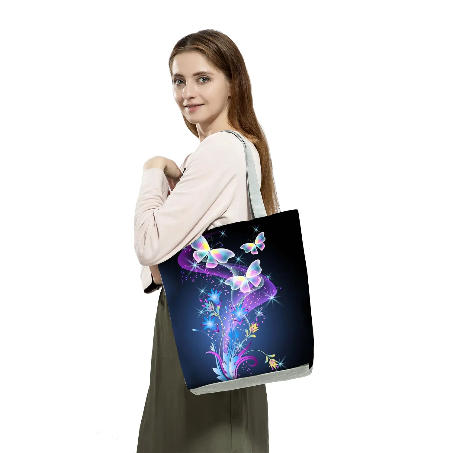 Butterfly Printed Fashion Handbags Animal Portable High Capacity Foldable Shopping Bag Eco Friendly Hot Sale Women Shoulder Bag