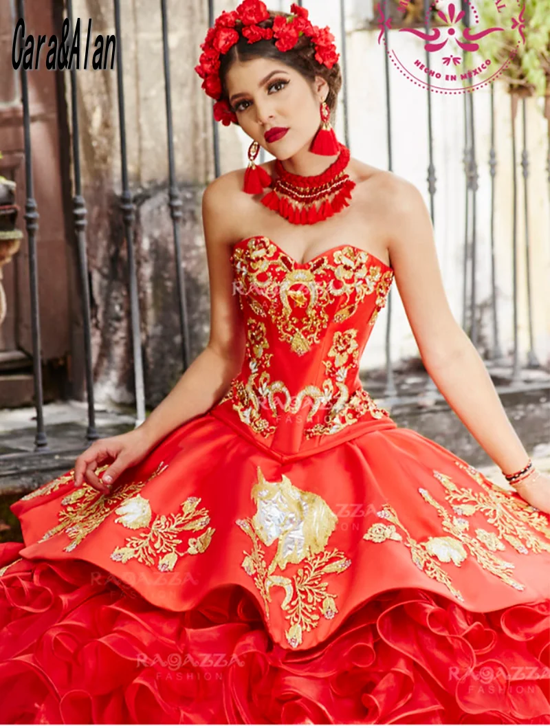 Charro Emproidery Quinceanera gaun Sayang manik-manik Ruffles rok manis 15 gadis Meksiko gaun Vestidos De XV a20os