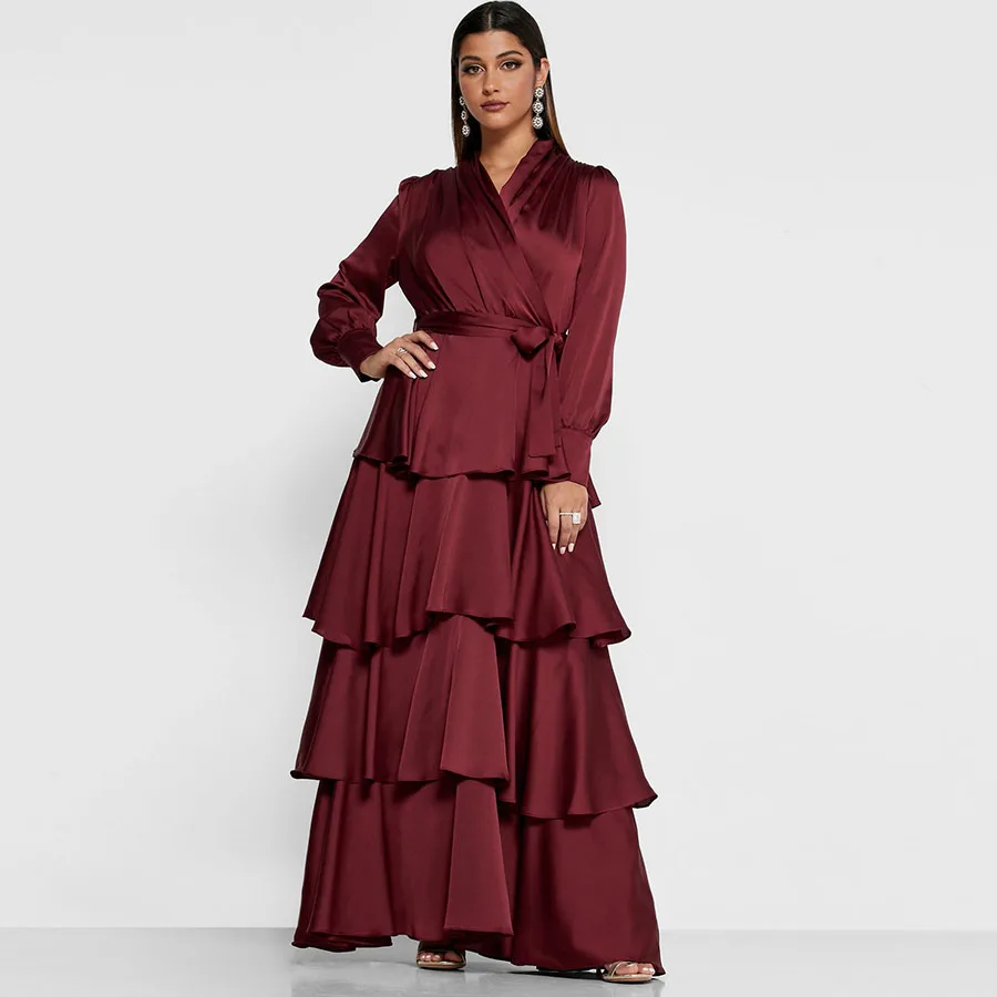 High Quality Satin Muslim Cake Maxi Long Dress Women Silk Islamic Ruffle Dress