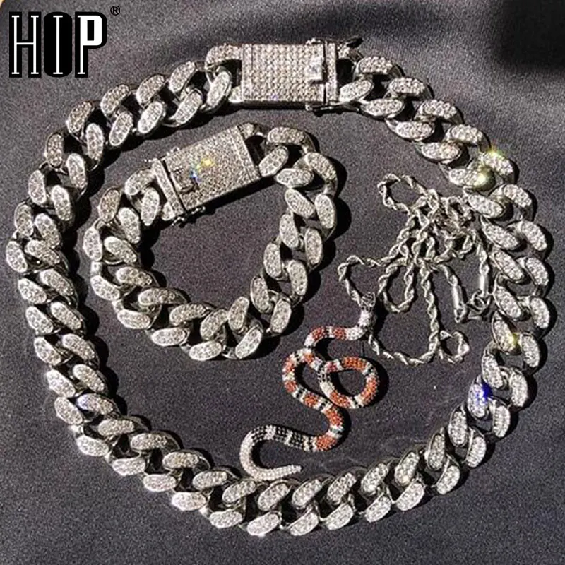 

Hip Hop Bling Iced Out 20MM Link Cuban Prong Chain Coral Snake Full AAA Crystal Pave Men's Bracelets Necklace for Men Jewelry