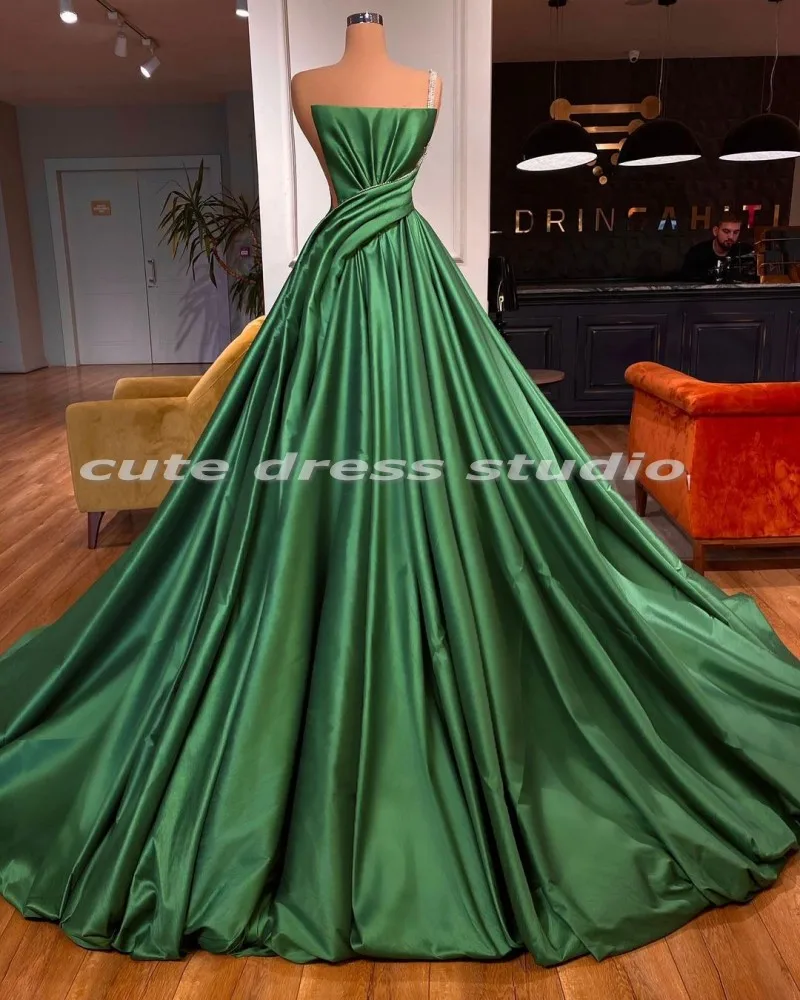 Robe de soirée longue en Satin et cristal pour femmes, ligne A, tenue de bal perlée, de luxe, verte