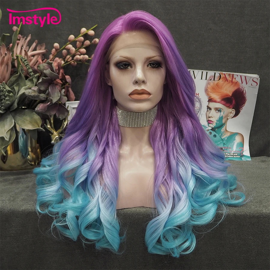 Imstyle Ombre fioletowy niebieski peruka syntetyczna koronka peruka Front naturalne peruka z falowanymi włosami Multicolor Cosplay peruki dla kobiet