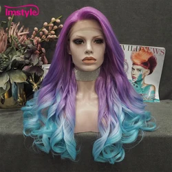 Imstyle Ombre fioletowy niebieski peruka syntetyczna koronka peruka Front naturalne peruka z falowanymi włosami Multicolor Cosplay peruki dla kobiet włókno termoodporne