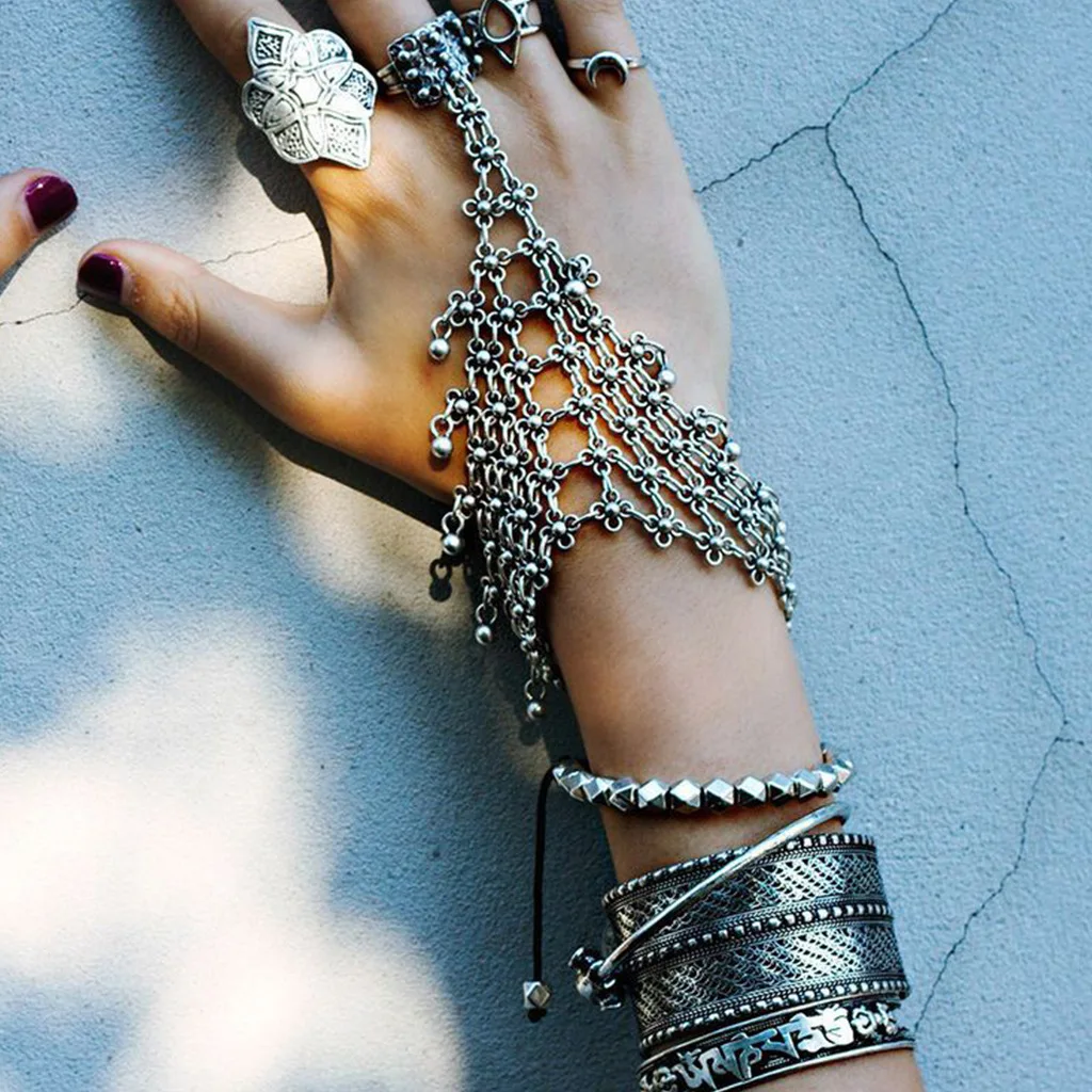 1 Pc Bohemian Vintage Hand Finger Multilayer Ring Bracelets For Women Fashion Jewelry Retro Silver Plated Gypsy Tassel Bracelet