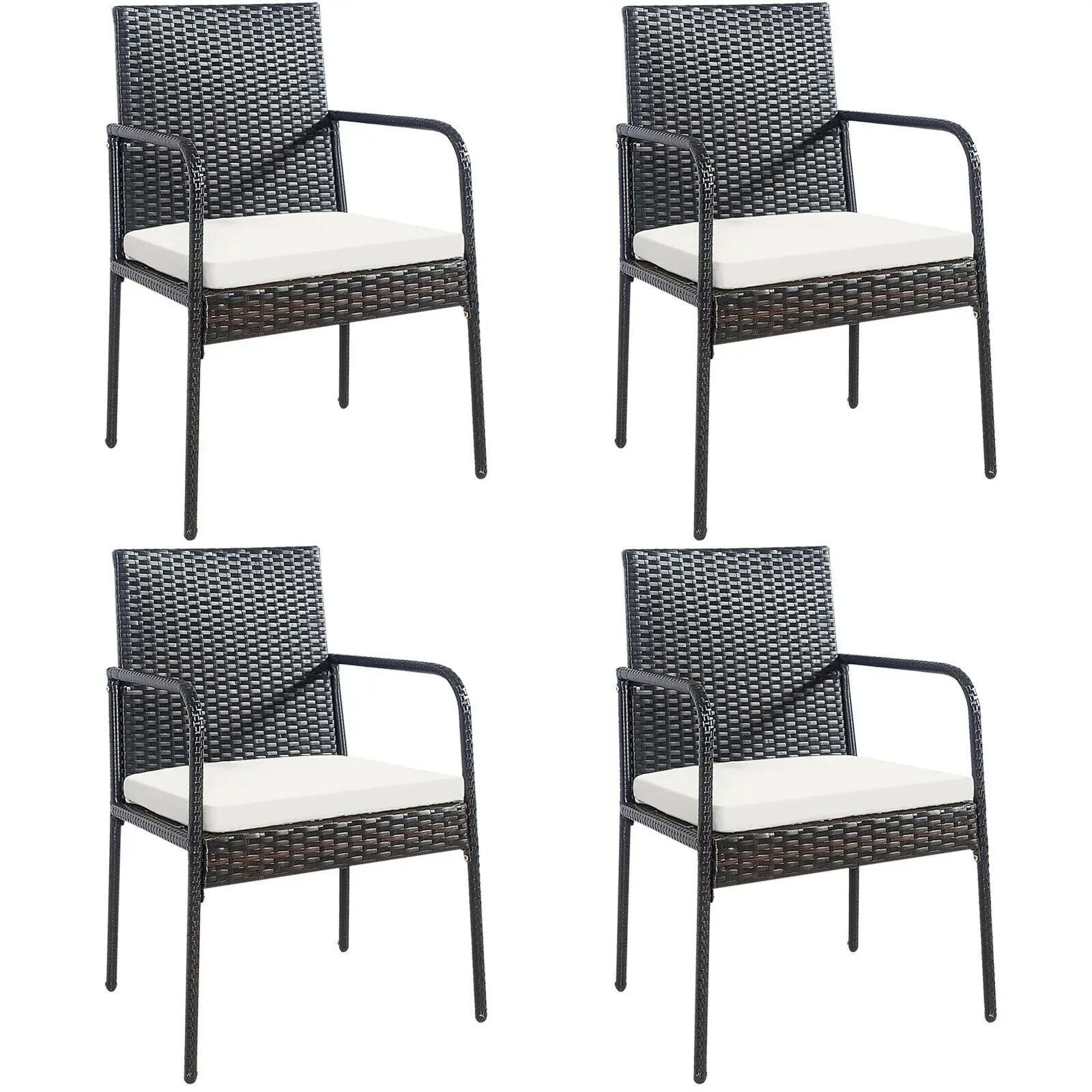 Patiojoy 4PCS Patio Wicker Rattan Dining Chairs Cushioned Seats Armrest Garden