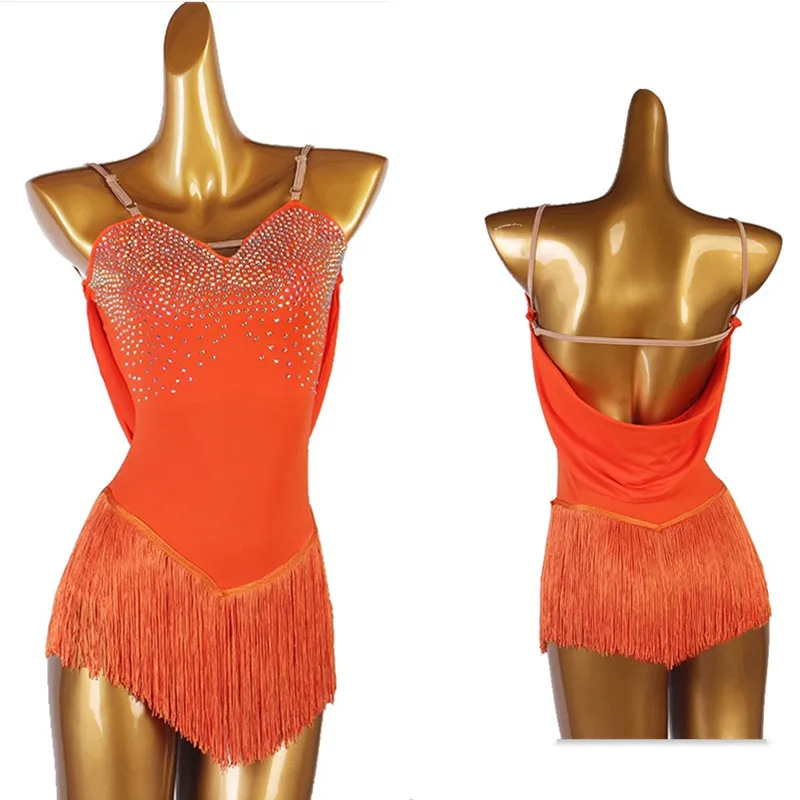 orange fringe Figure Skating Dress Women girl Ice Skating Dress Gymnastics Costume custom crystal rhinestone B056