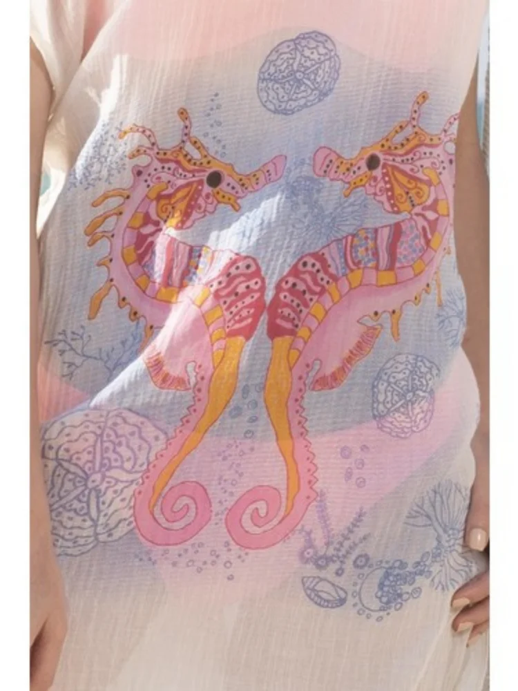 Beach Cover Dress Tunic V-neck Sea Horse Women 2021 Summer Cotton Female Beach Dress Pareo Beach wear Fashion