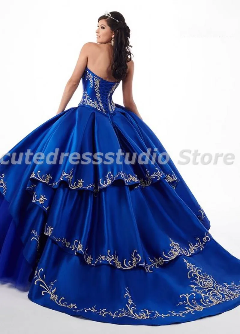 Charro-Vestidos De quinceañera azul real para mujer, Vestidos De baile De satén con bordado, dulce vestido De 16 Años, Vestidos brasileños XV