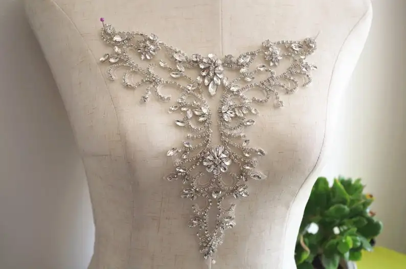 1 PC Deluxe Rhinestone Bodice Applique Crystal Bodice Applique For Wedding Dress Heavy Bead Applique Bodice