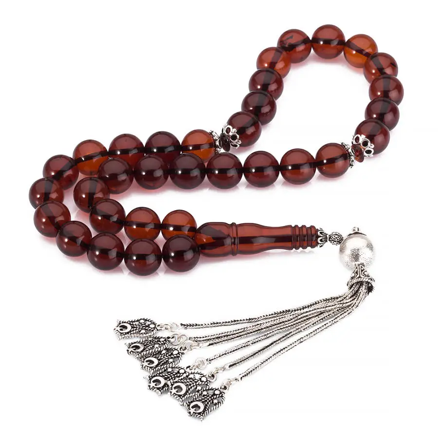 Silver Big Fire Amber Gemstone Prayer Rosary Men Drop Rosary With Silver Tassel Islamic Tasbih With Turkish Flag Model Tassel