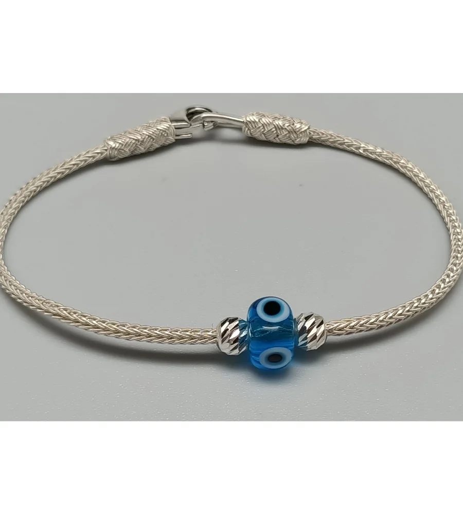 

Trabzon Kazaz Wristband (Bracelet) single chain hand-knitted 1000 sterling silver with the blue evil eye bead BEST FRIEND GIFT