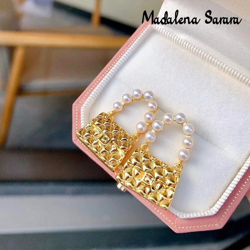 

MADALENA SARARA 18k Gold Women Earrings Handbag Lady Freshwater Pearl Inlay Stud Earrings Au750 Made