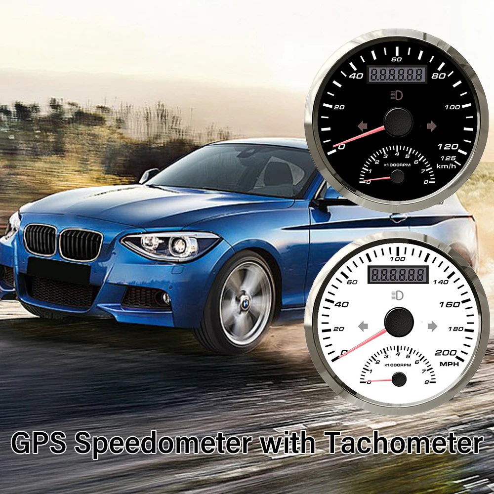 Universal 85mm GPS Speedometer 125 km/h 200 km/h with Tachometer 8000 RPM Left Right High Beam Alarm Odometer With GPS Antenna