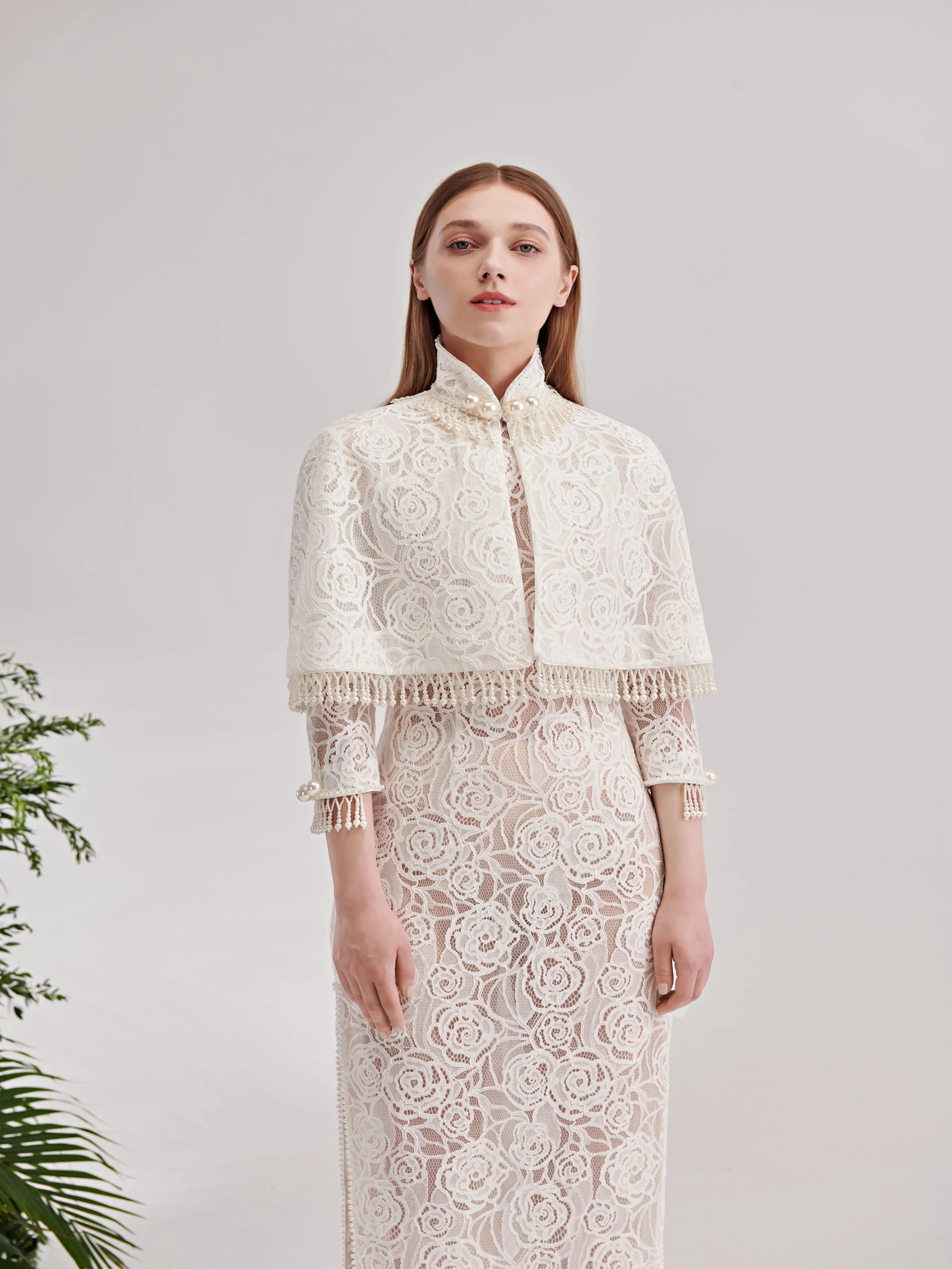 Elegant High Collar Long Sleeves Pearls Lace Sheath Wedding Dress Bridal Gown Detachable Coat