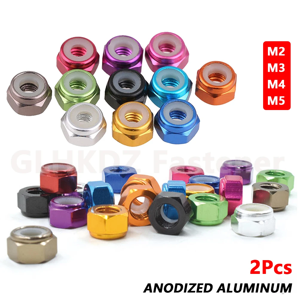 

2pc M2 M3 M4 M5 Hexagon Nylon Insert Lock Nut Self-locking Hex Nyloc Lock Nut Multi-Color Anodized Aluminum Alloy Locknut DIN985