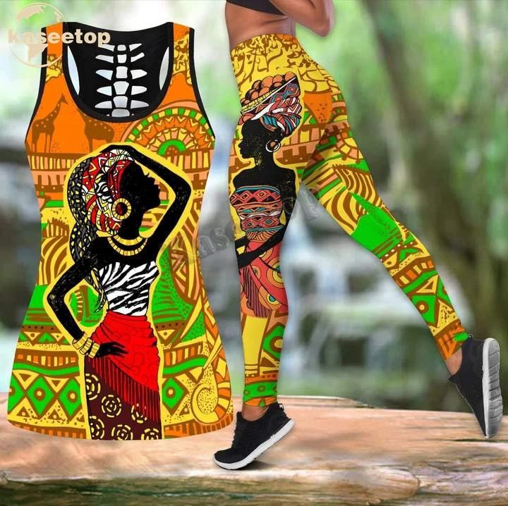 

African Black Girl Combo Two Piece Yoga Set Women 3D Print Vest Hollow Out Hollow Tank & Legging Outfit Summer Casual LK40