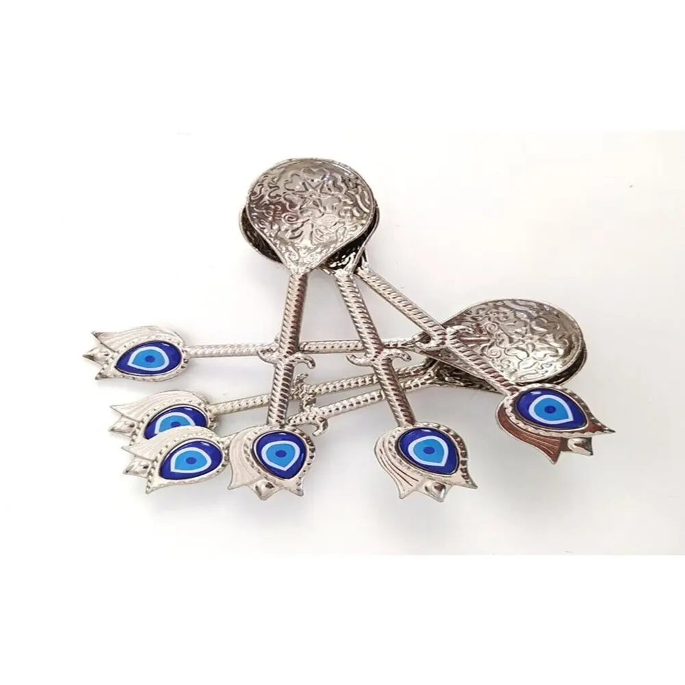 

6pcs Sugar Teaspoon Casting Authentic Evil Eye Beaded Ottoman Tugra Motif Spice Coffee Spoon Silver Color fast shipping