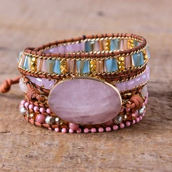Handmade Women Bracelets Unique Natural Stones Rose Quartz Charm 5 Layers Leather Wrap Bracelets Boho Bracelet Dropship