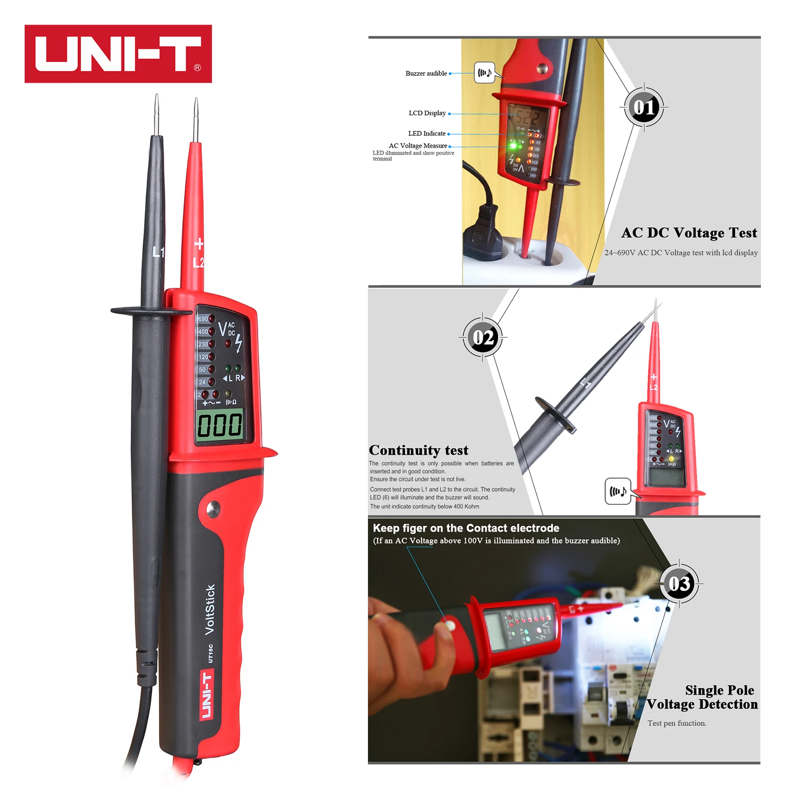 UNI-T UT15C UT15B مقاوم للماء الرقمية LCD التيار المتناوب تيار مستمر الجهد الاستمرارية جهاز فحص الدائرة الكهربائية TS دي الشحن