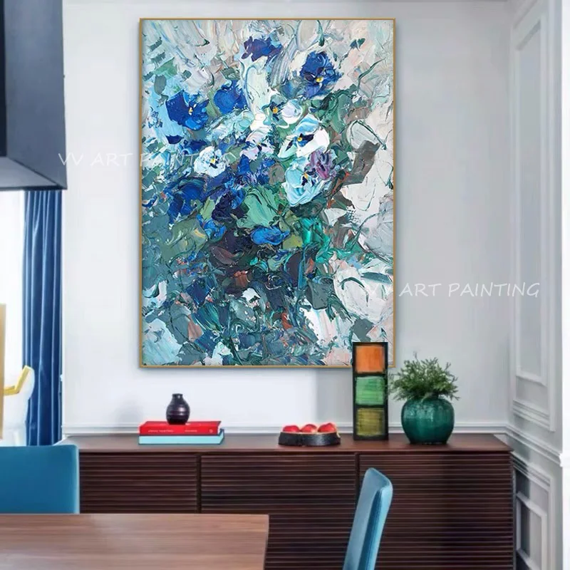 100% Handmade Abstract blue flower thick knife landscape large size Oil Painting Wall Picture Artwork Decoration