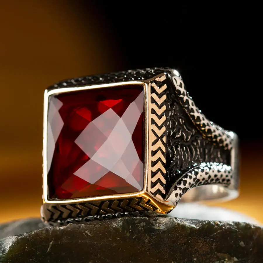 Square Design Sterling Silver Mens Ring with Red Zircon Stonework Fashion Turkish Premium Quality Handmade Jawelery