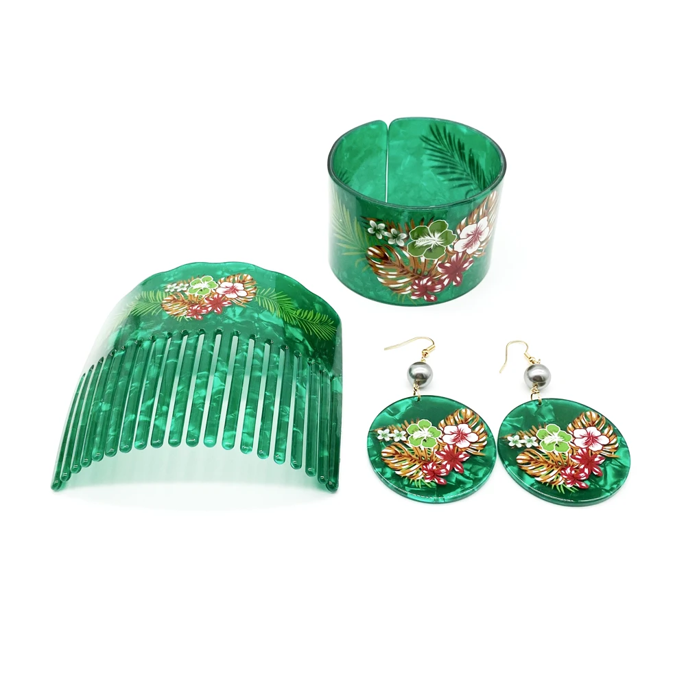 Newest Fashion Flowers Printed Bangle Comb Earring Jewelry Set For Pacific Islands Peoples Women Girls Gift Trendy Styles