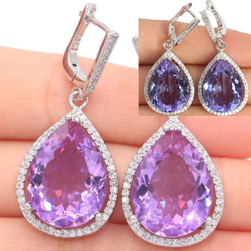 

43x19mm SheCrown Jewelry Set Big Drop 20x15mm Created Color Changing Alexandrite Zultanitel CZ Silver Earrings Pendant