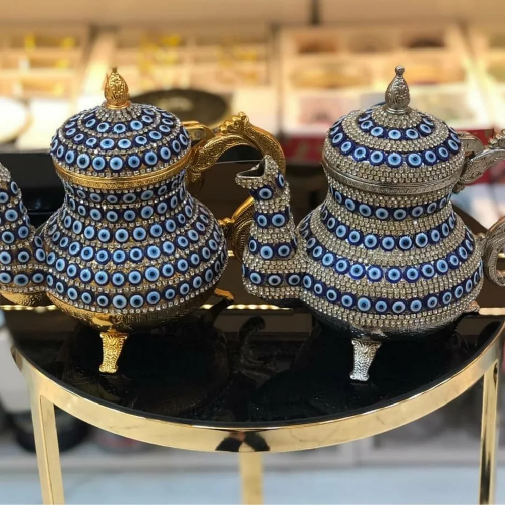 Swarovski Patterned Stone Copper Teapots High Value Handmade Luxury Gold Silver Evil Eye Beaded Color Teapots