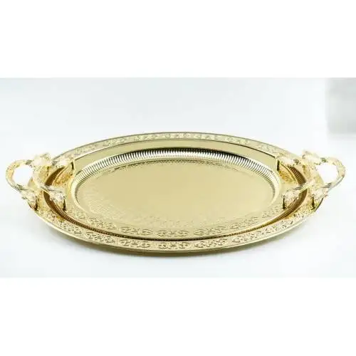 DOLBOVI Submersible 2019A Dual Oval Elegance Tea Coffee Tray Gold Color tray set  tray serving  tray tea set tea tray tea table trays decorative  food tray gold tray trays mirror tray plateau glass tray serving board t