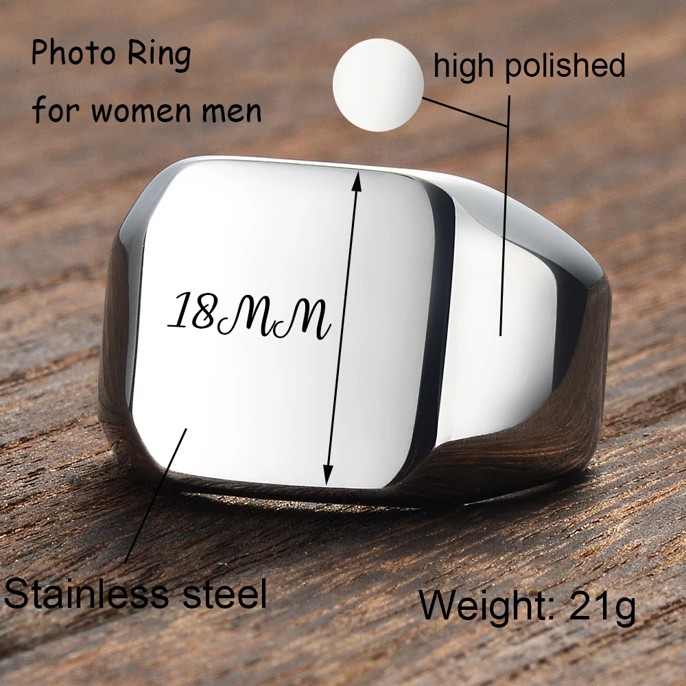 Custom Photo Logo Ring for Women Men Finger Square Gold Ring Stainless Steel Jewelry Personalized Handwritten Sign Festival Gift
