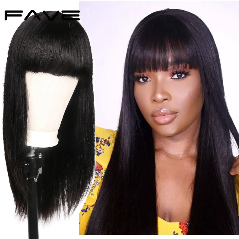 

Brazilian Straight Human Hair Wigs with Bangs Fringe Wig Natural Black No Lace Long Hair Wig For Women Perruque Cheveux Humain