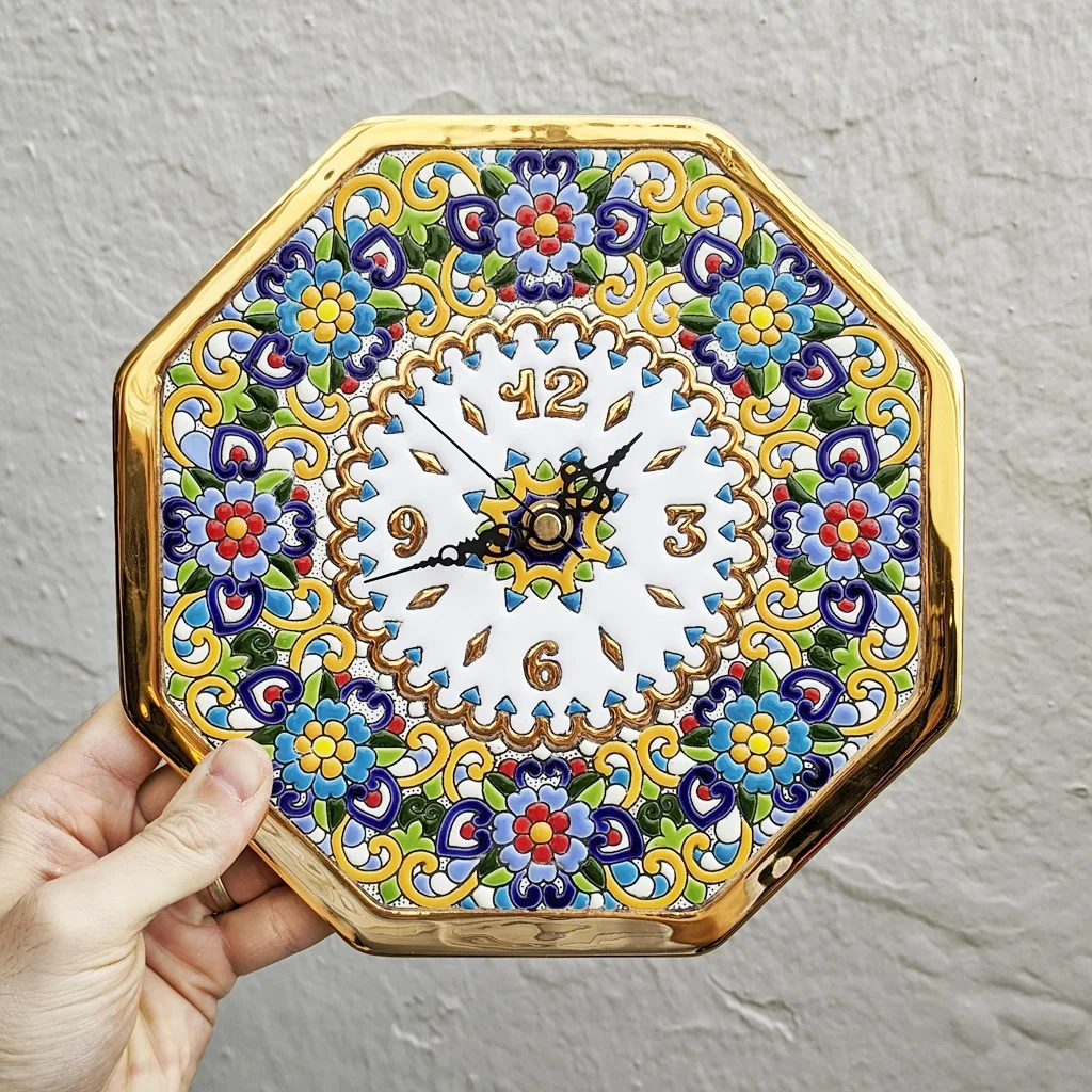 Octagonal Clock ceramics Spanish 23 cm. /9 inches diameter-Glazed up handmade-24 k gold-ARTECER-Home & Decoration-