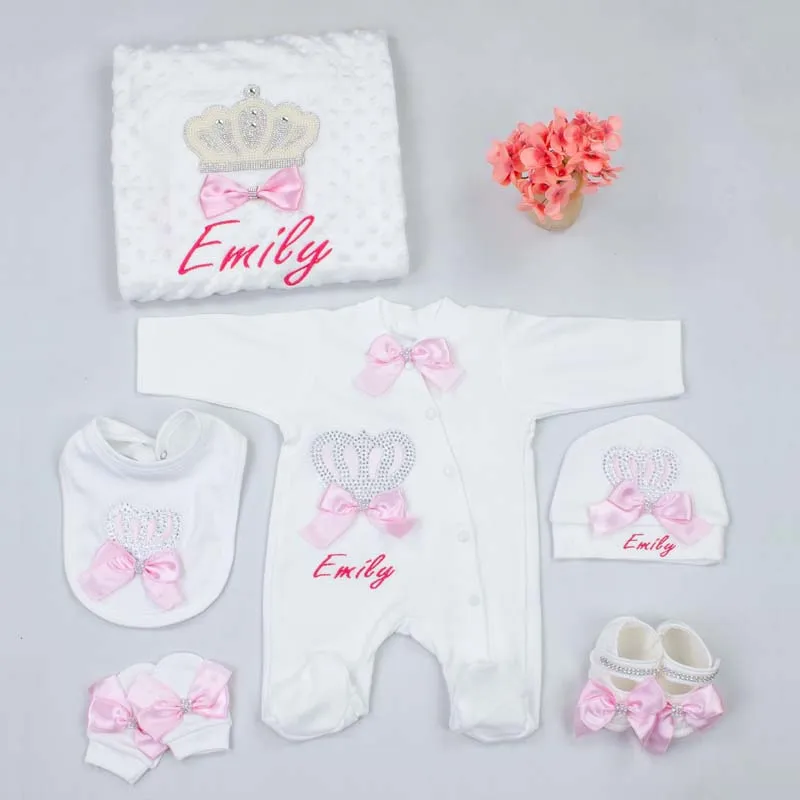 Personalized Babies Girl Suit Newborn Rompers Blanket Name Embroidered Baby Girl Male Toddler Clothes 6pcs Set's Clothing Outfit