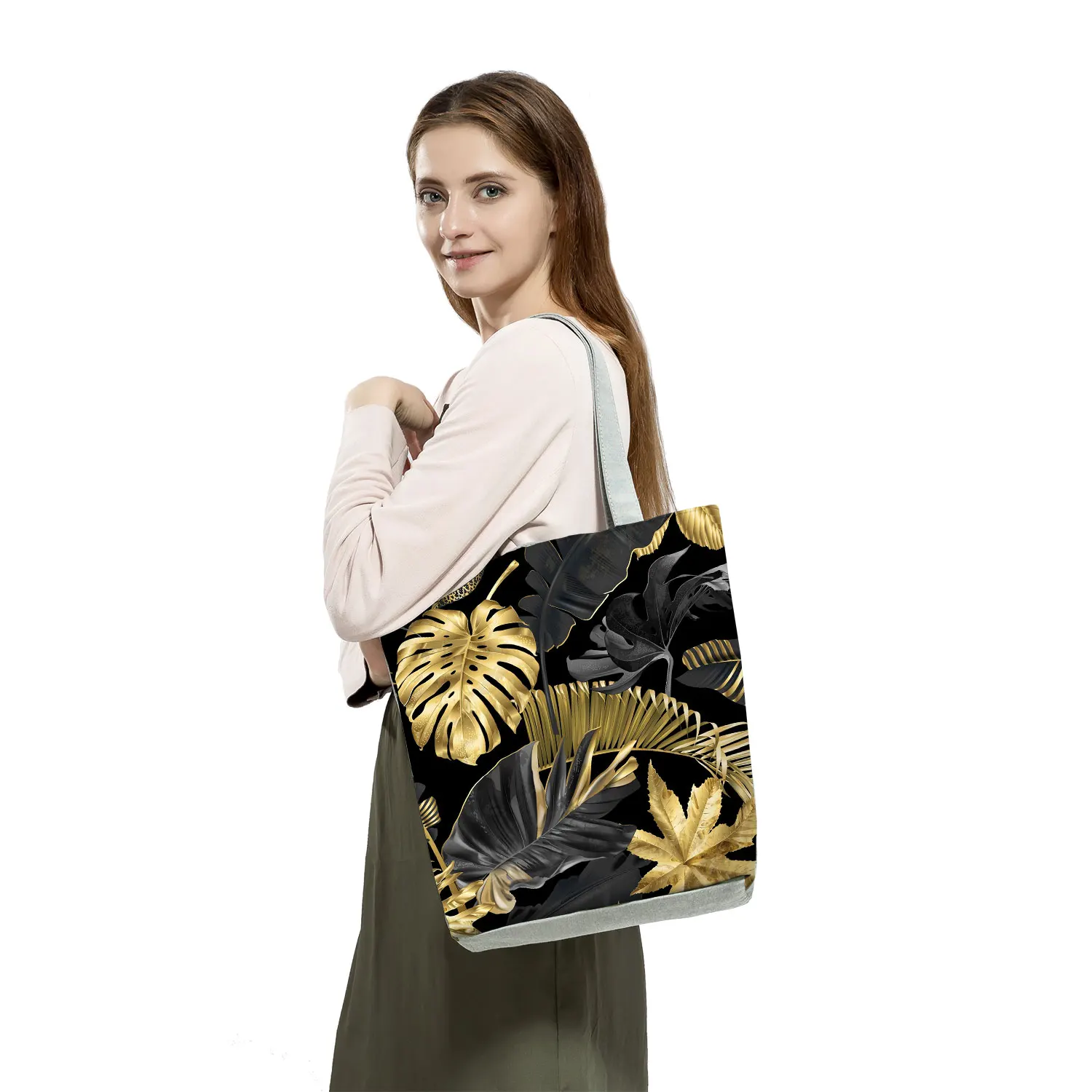 Customized Art Painting Women\'s Handbags Black Golden Plant Leaf Print Casual Tote High Capacity Reusable Shopping Shoulder Bags