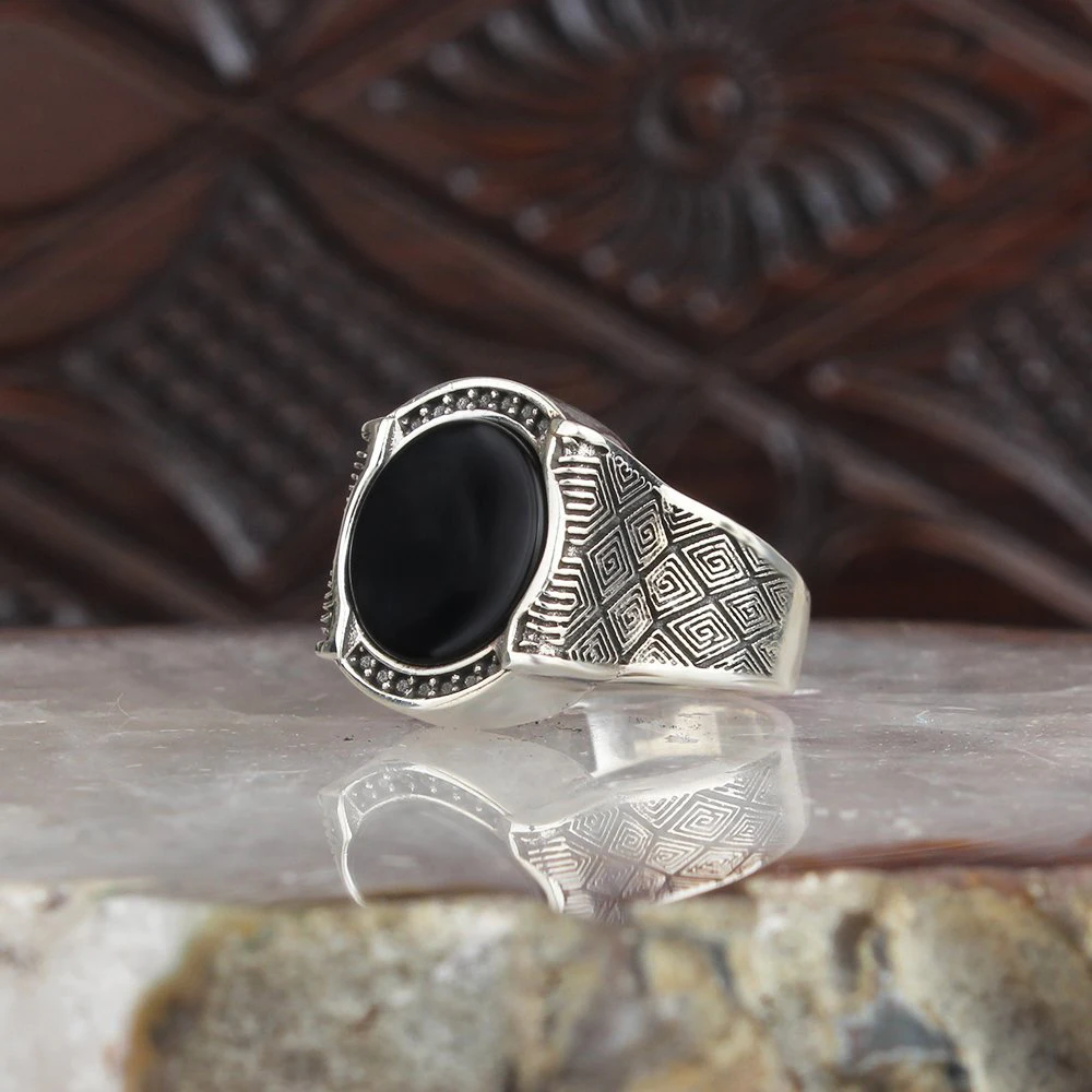 Patterned Onyx Gemstone 925 Sterling Silver Men 'S Ring