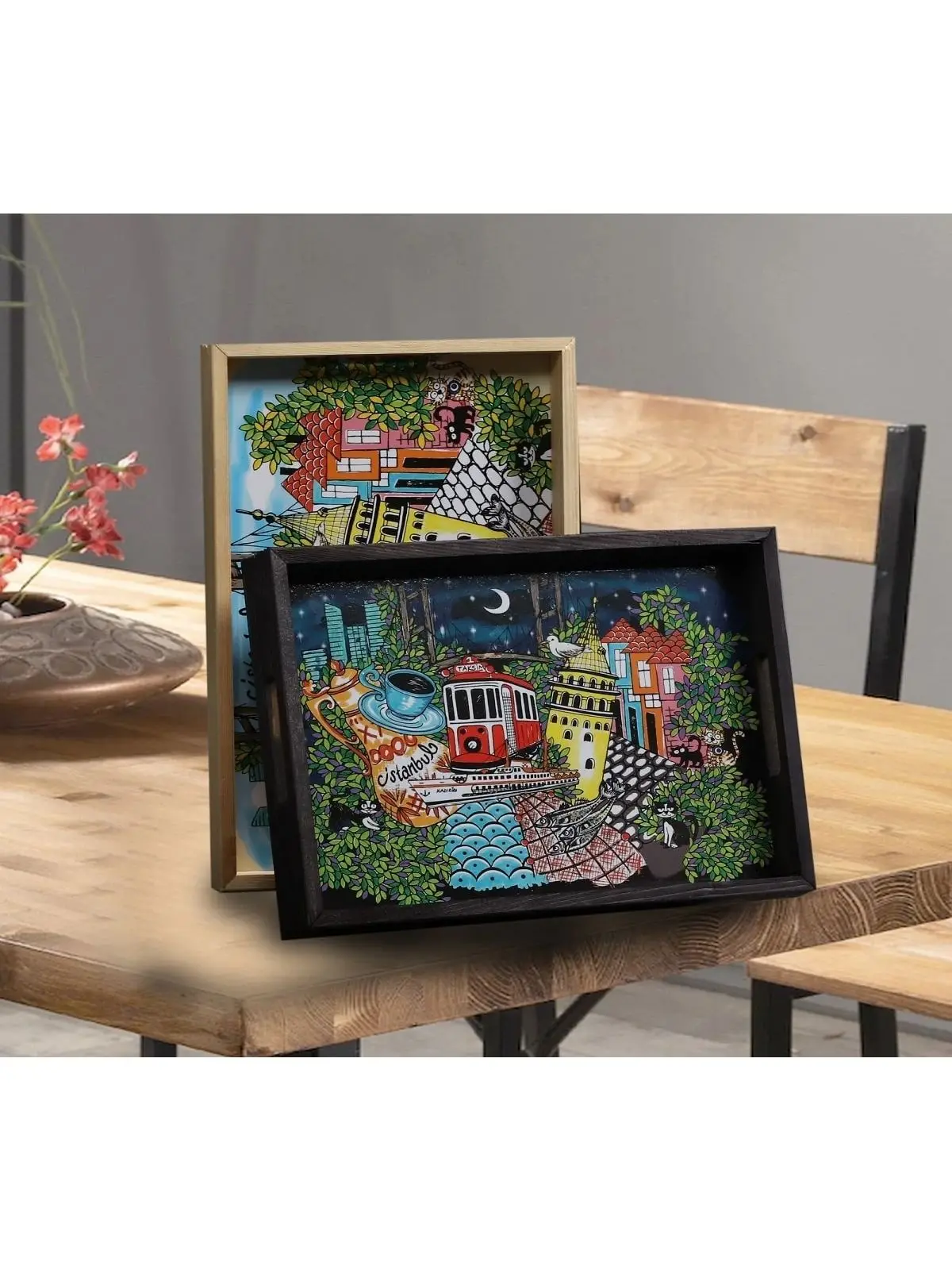 Wooden Presentation Tray Tea Coffee Serving Tray & Istanbul Printed Decorative Wall Table Black Decorative Lux Service Eat at the Presentation of