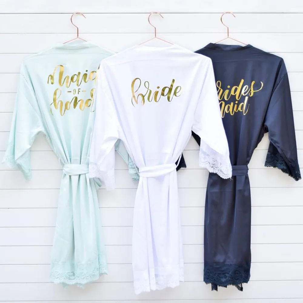 foil gold satin bachelorette Nightwear personalized navy bride robe Marriage gift wedding nightgown Peignoir bridesmaid Bathrobe