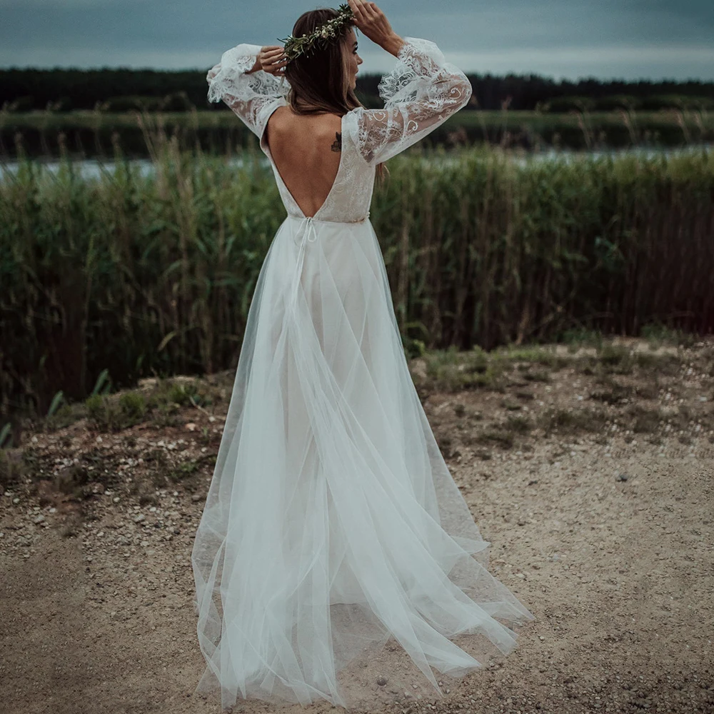 Długie rękawy przezroczysta koronka plaża suknia ślubna linia V Neck Boho Elopement wysokie rozcięcie Backless suknie ślubne Custom Made 10153