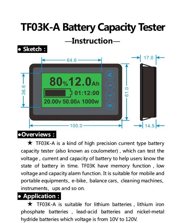 DC 50A 100A 350A 500A Coulomb Meter Battery Monitor Capacity Indicator Voltmeter ammeter Lithium Lead Acid 12v 24V 36v 48v CAR