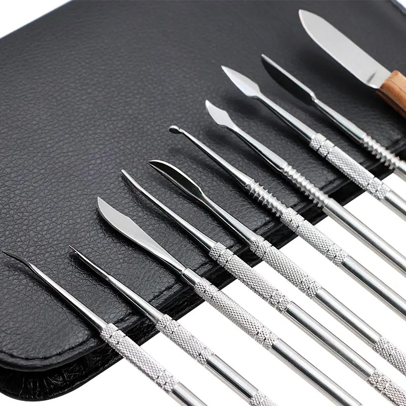 10pcs Dental Wax Carving Tools Set with Kit Carver Mixing Spatula Knife Dental Lab Equipment Stainless Steel Double Ends