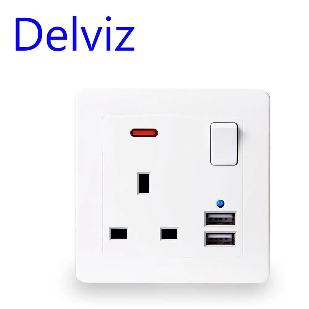 Delviz UK standard 13A wall socket panel, Gold/white type 86 square hole Household, On-off control 2.1A Dual USB 5V Charger Port