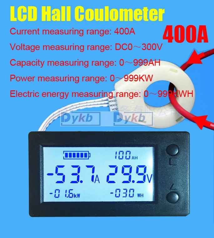 DC 50A 100A 200A 400A LCD Hall Coulomb meter Battery Monitor Digital VOLT AMP Voltage Current Power Capacity KWH STN Display