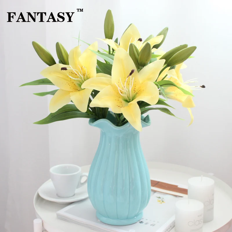 Yellow Lilies Artificial Flowers Real Touch White Flower Decoration Wedding Fake Lily Branch 4 Heads Red Marriage Wreath